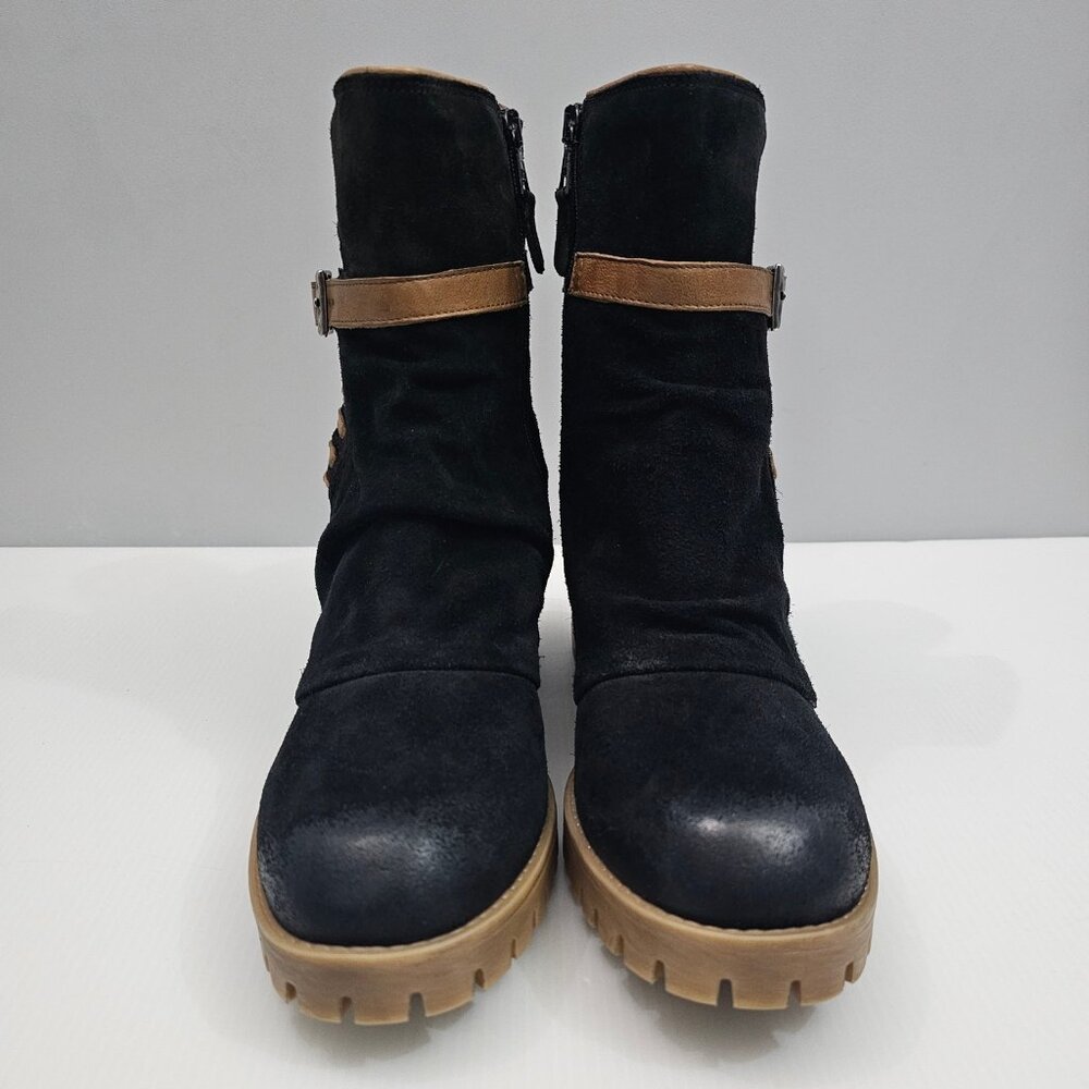 Miz Mooz Mandy Ankle Boot Womens EU 41 Black Suede Whipstitch Buckle Chunky Heel - Picture 5 of 16